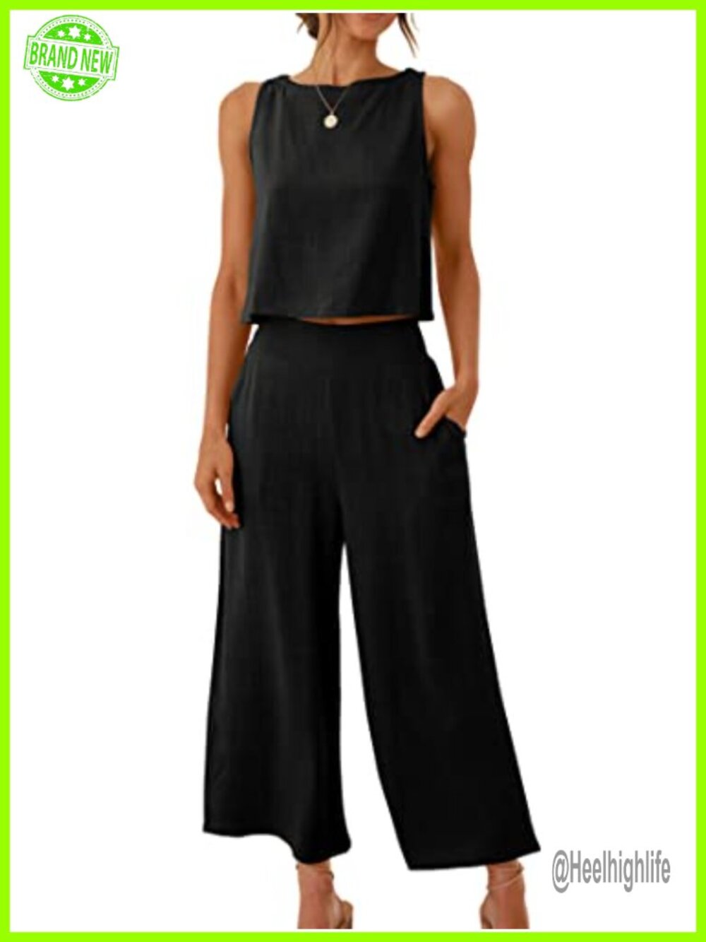 2 Piece Linen Set Sleeveless Crop Top Wide Leg Pants Summer
